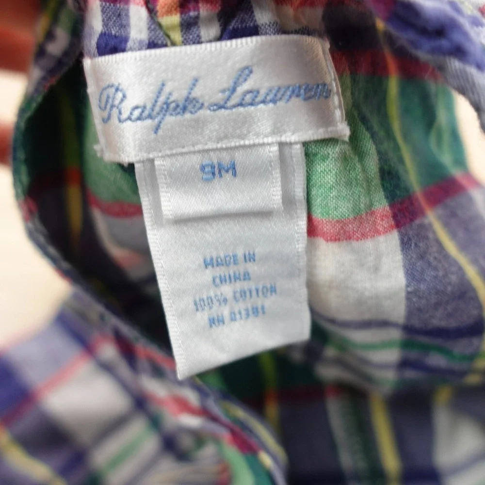 Ralph Lauren Overalls Baby 9M Blue Plaid Red Patchwork Madras Western‎ Summer